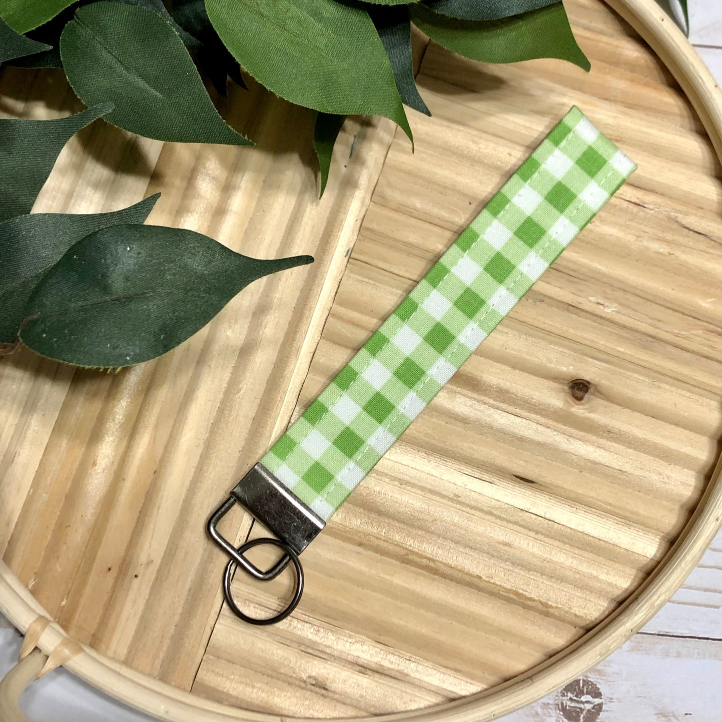 Green Gingham Print Fabric Wristlet Keychain, Key Fob