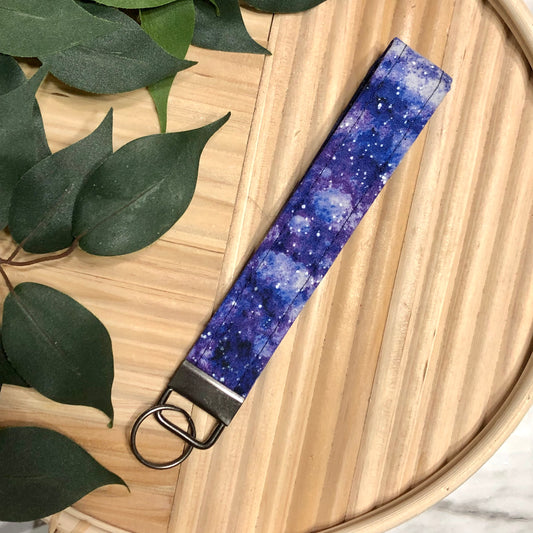 Purple Galaxy Print Fabric Wristlet Keychain, Key Fob