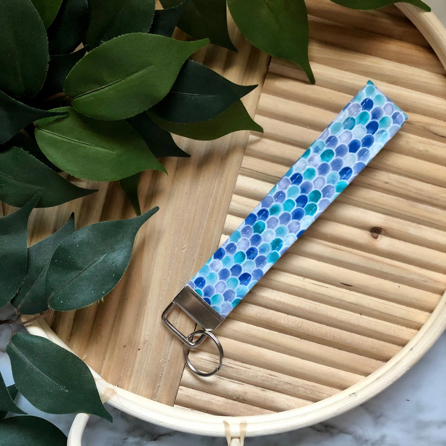 Small Mermaid Print Fabric Wristlet Keychain, Key Fob