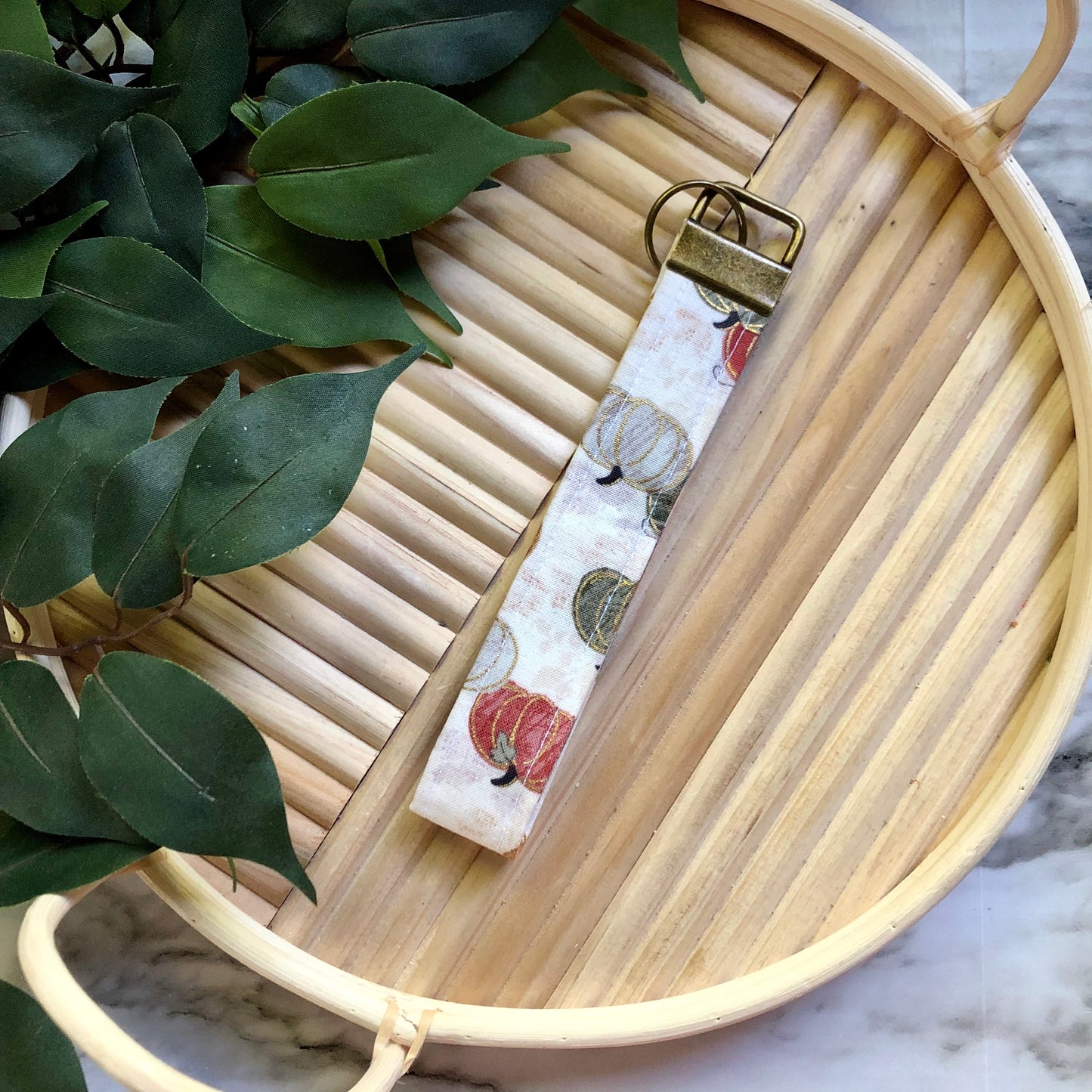 Metallic Watercolor Pumpkins Print Fabric Wristlet Keychain, Key Fob