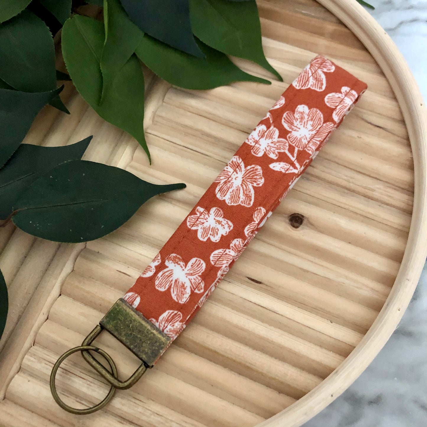 Rust Fall Floral Print Fabric Wristlet Keychain, Key Fob