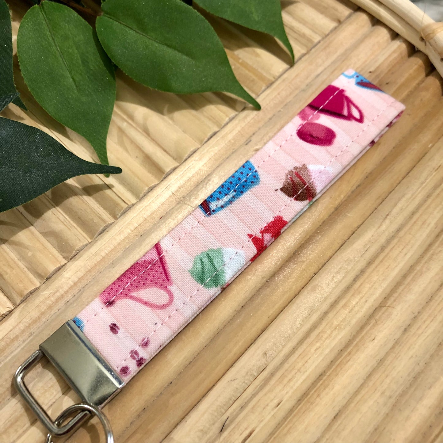 Tea Party Print Fabric Keychain, Key Fob