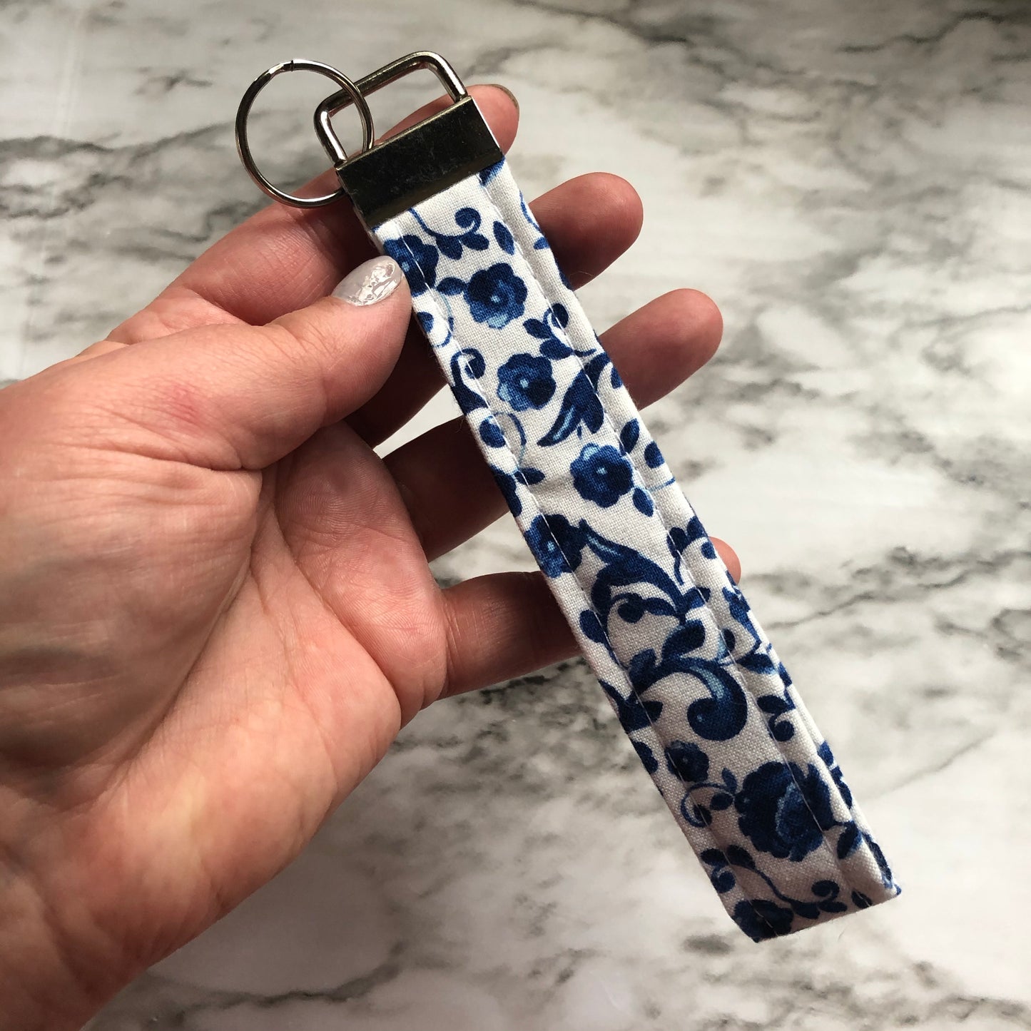 Blue and White Floral Print Fabric Wristlet Keychain, Key Fob