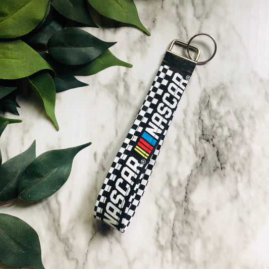 Black and White Checkered NASCAR Fabric Keychain, Key Fob