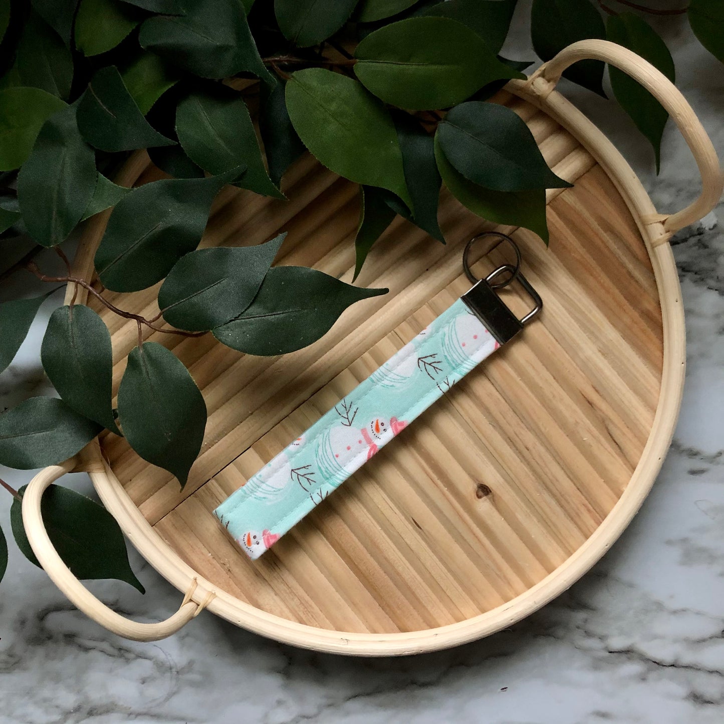 Happy Snowman Print Fabric Wristlet Keychain, Key Fob