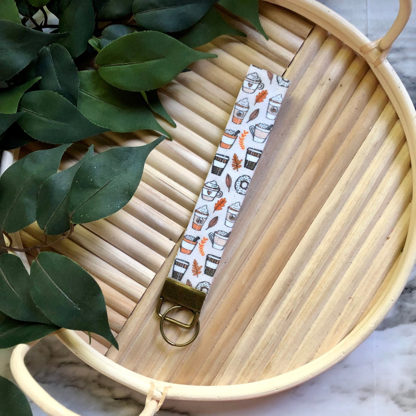 Pumpkin Spice Print Fabric Wristlet Keychain, Key Fob