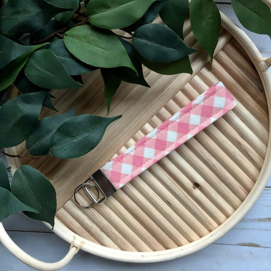 Bubblegum Pink Cross Gingham Print Fabric Wristlet Keychain, Key Fob