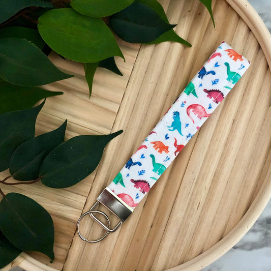 Pink Dinosaur Print Fabric Wristlet Keychain, Key Fob