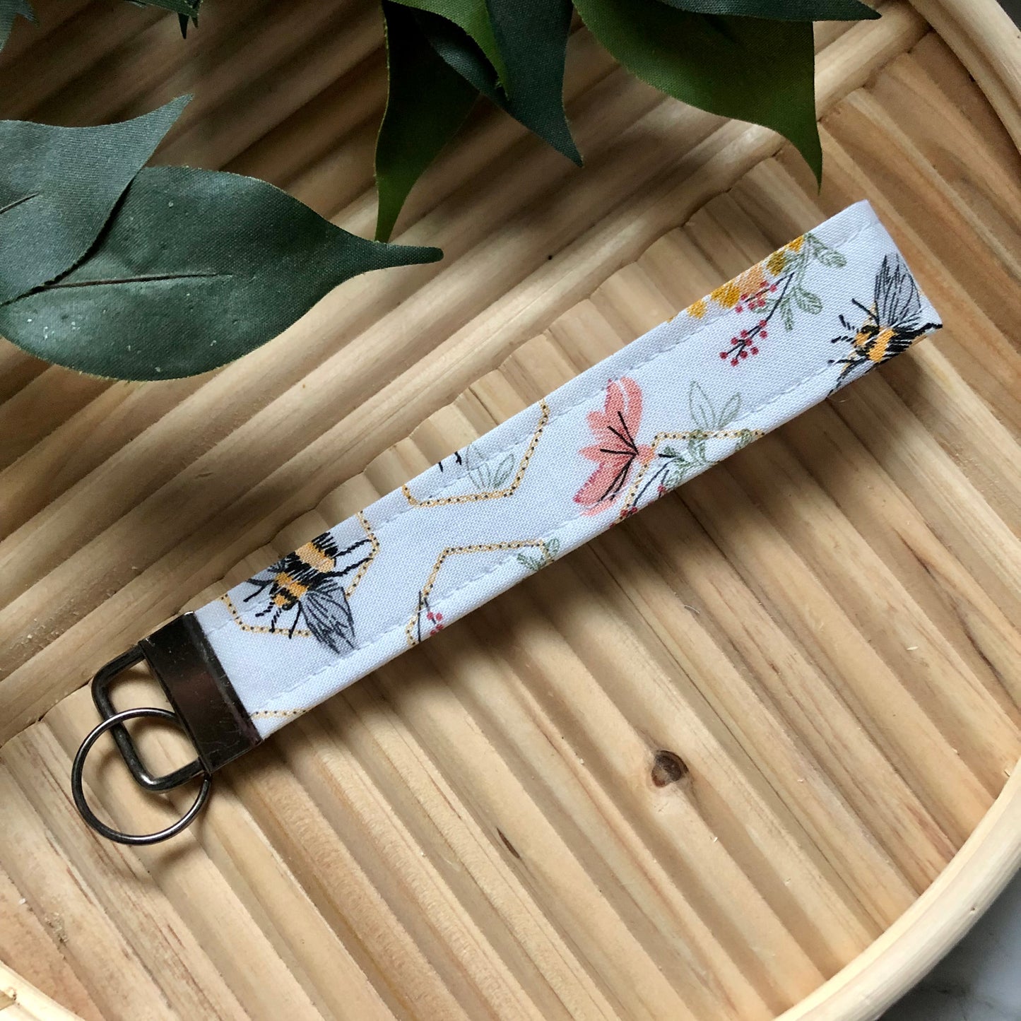 Floral Bee Print Fabric Wristlet Keychain, Key Fob
