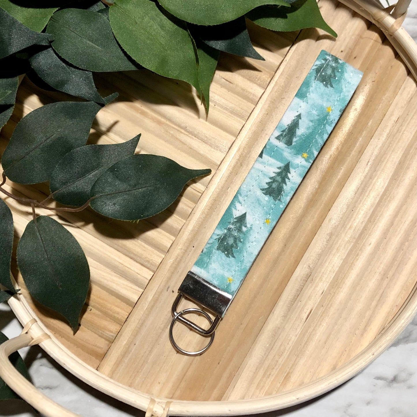 Winter Trees Print Fabric Wristlet Keychain, Key Fob