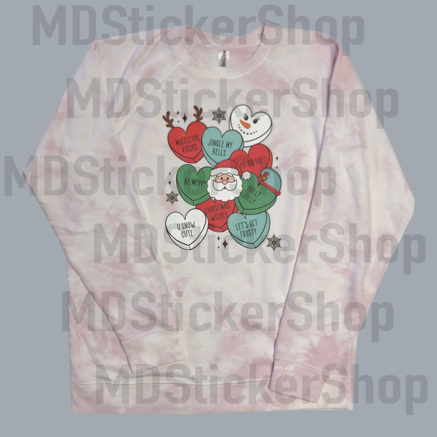 Christmas Candy Hearts Dusty Rose Tie Dyed Crewneck Sweatshirt