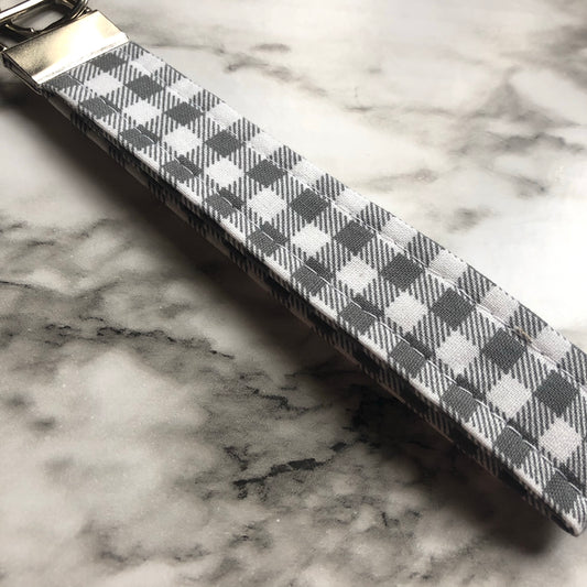 Grey and White Gingham Print Fabric Wristlet Keychain, Key Fob