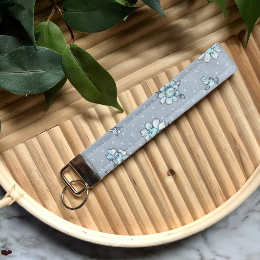 Soft Grey Floral Print Fabric Wristlet Keychain, Key Fob