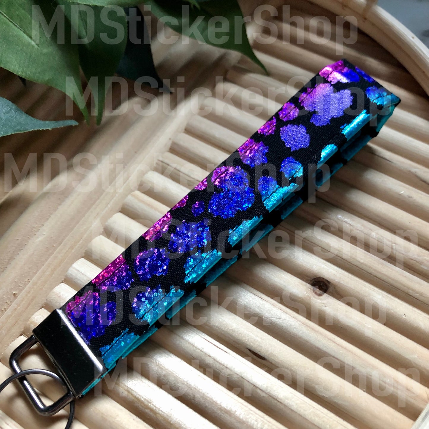 Metallic Rainbow Cheetah on Black Print Fabric Keychain
