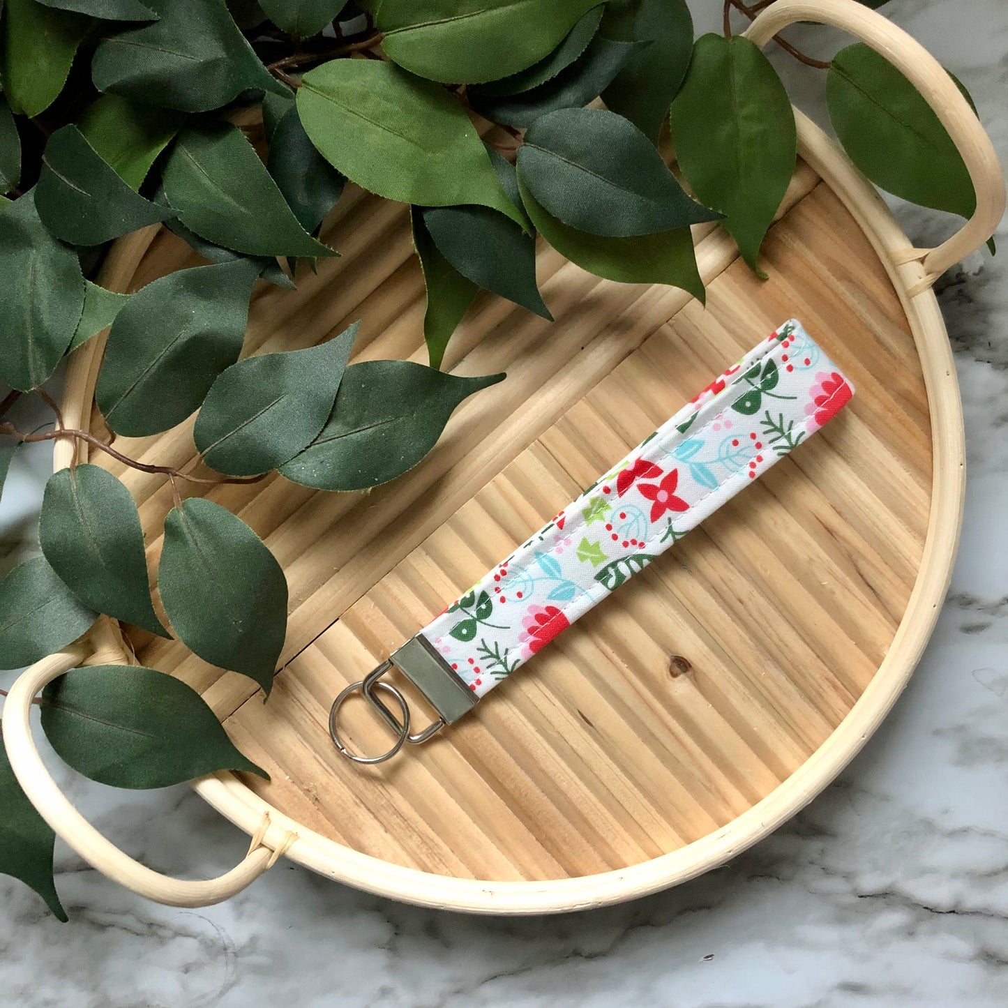 Winter Floral Print Fabric Wristlet Keychain, Key Fob