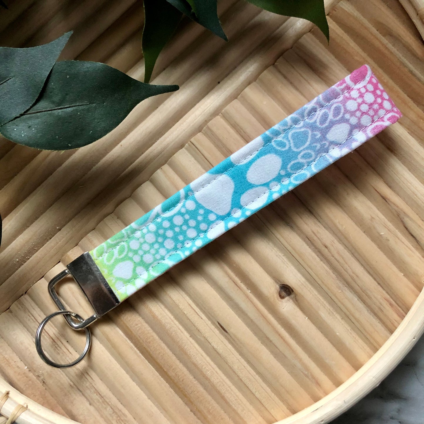 Rainbow White Paw Print Fabric Wristlet Keychain, Key Fob