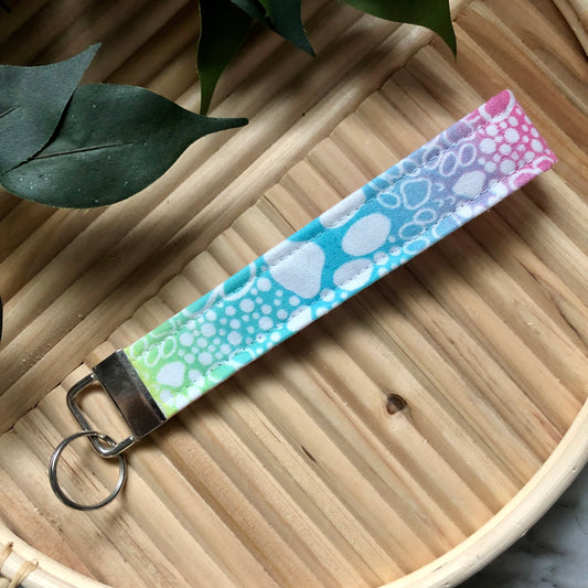 Rainbow White Paw Print Fabric Wristlet Keychain, Key Fob
