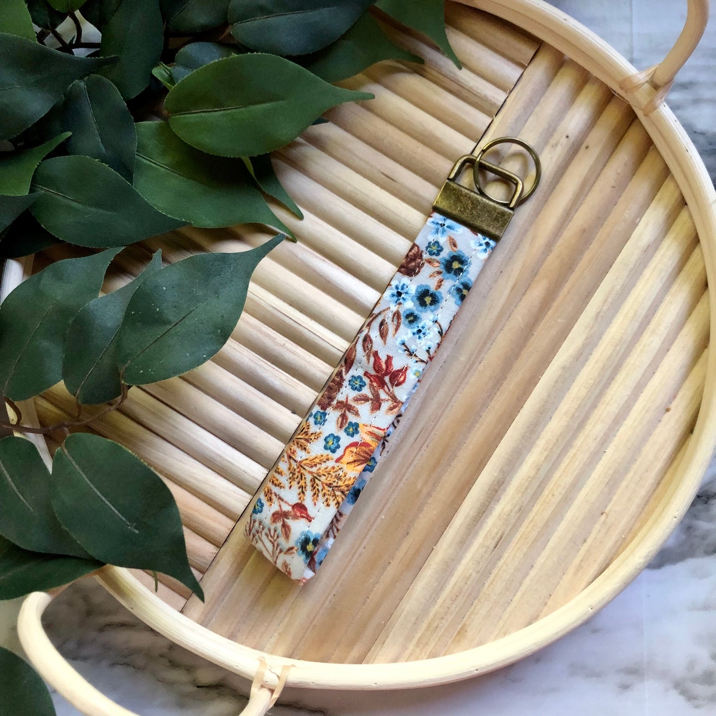 Cream Harvest Floral Print Fabric Wristlet Keychain, Key Fob