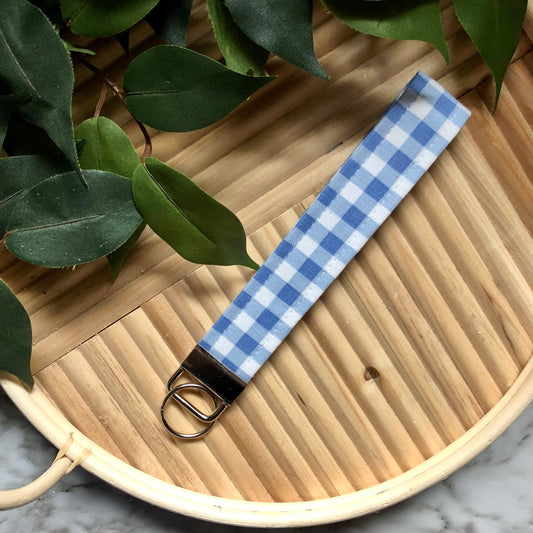 Blue Gingham Print Fabric Wristlet Keychain, Key Fob