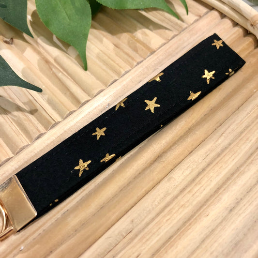 Black and Gold Star Print Fabric Keychain, Key Fob