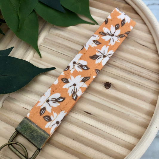 Orange Fall Floral Print Fabric Wristlet Keychain, Key Fob
