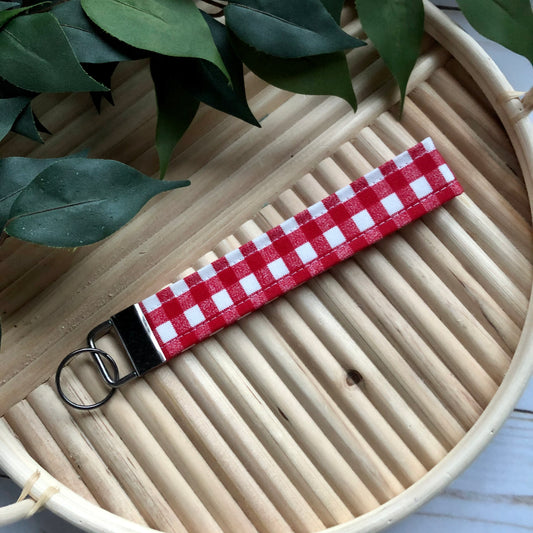 Farmhouse Red Gingham Print Fabric Wristlet Keychain, Key Fob