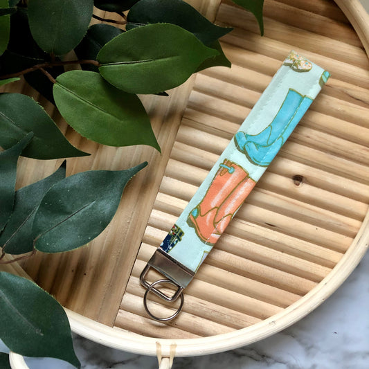 Spring Rain Boot Print Fabric Wristlet Keychain, Key Fob