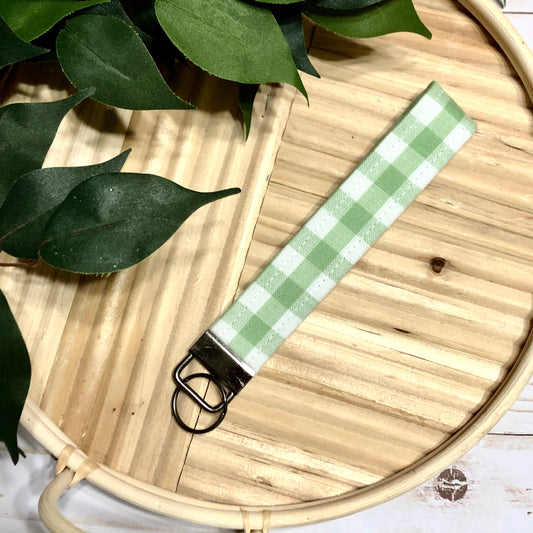 Farmhouse Green Gingham Print Fabric Wristlet Keychain, Key Fob