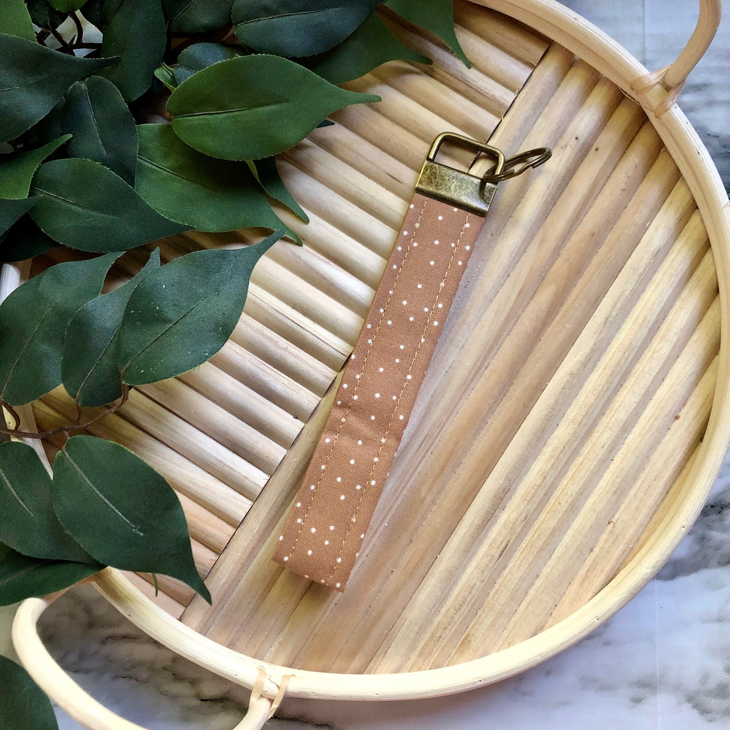 Light Brown Polka Dot Print Fabric Wristlet Keychain, Key Fob