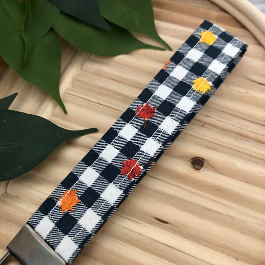 Fall Leaves on Gingham Print Fabric Wristlet Keychain, Key Fob