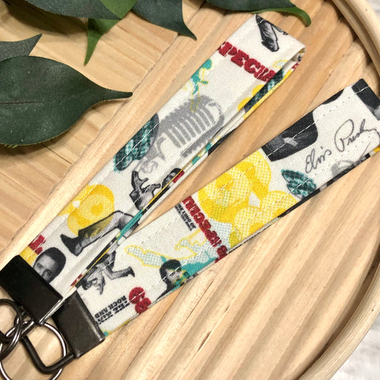 Elvis Rock & Roll Print Fabric Wristlet Keychain, Key Fob