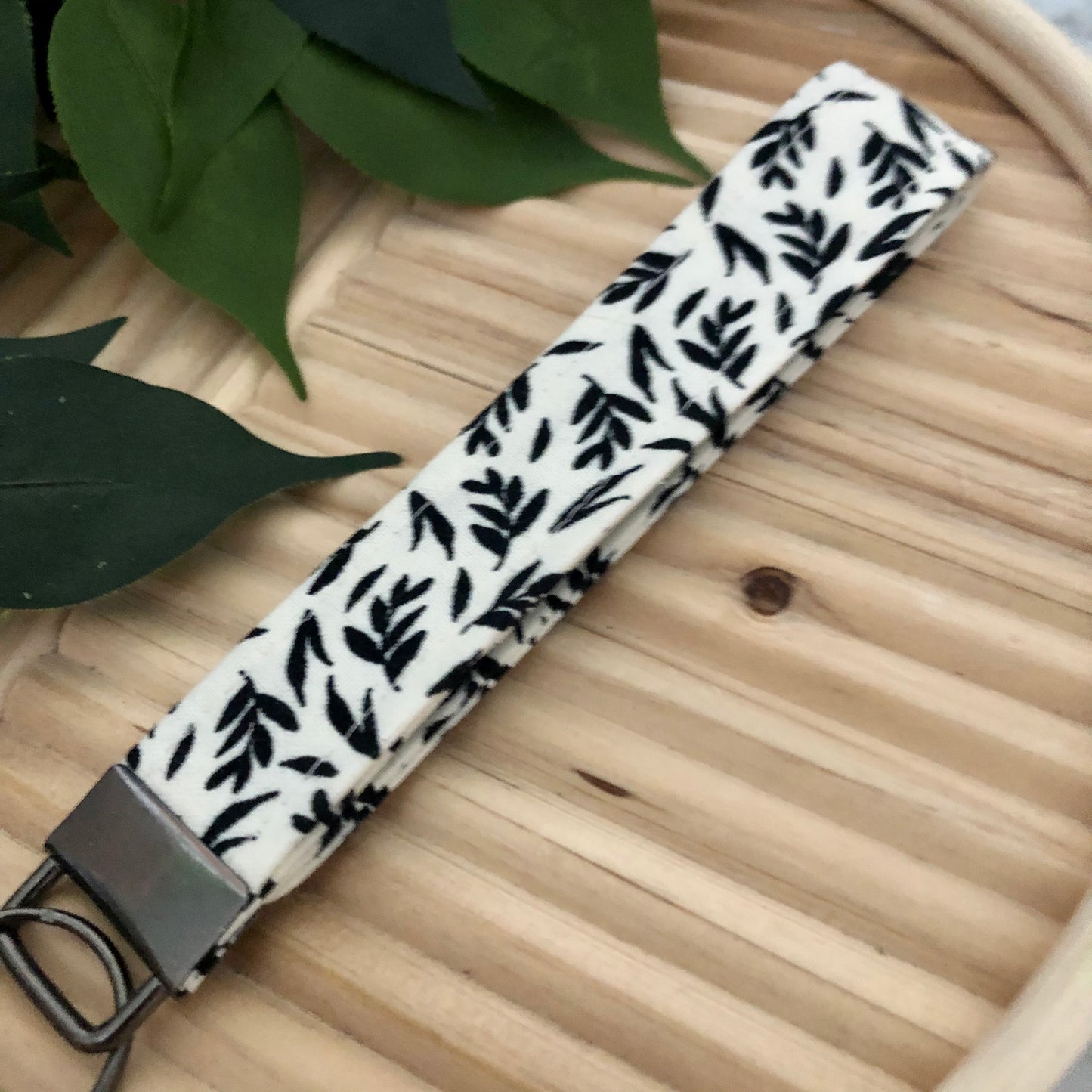 Cream and Black Leaf Print Fabric Wristlet Keychain, Key Fob