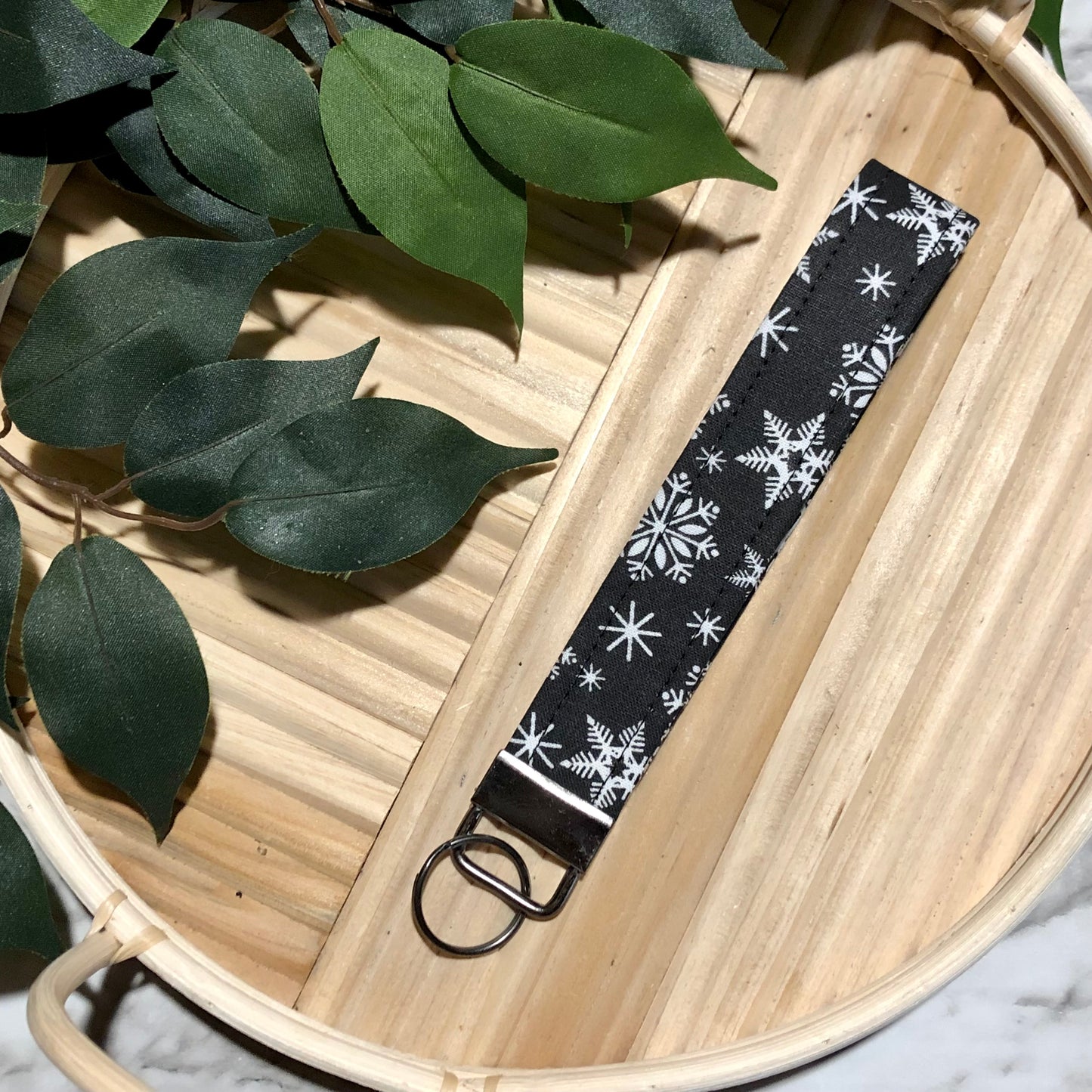 Black Snowflake Print Fabric Wristlet Keychain, Key Fob