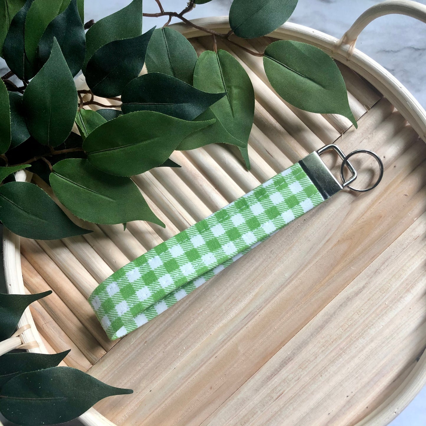 Green and White Gingham Print Fabric Wristlet Keychain, Key Fob