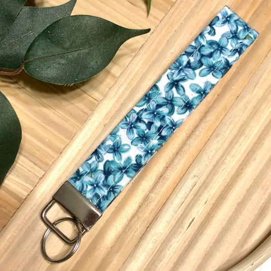 Blue Hydrangea Print Fabric Wristlet Keychain, Key Fob