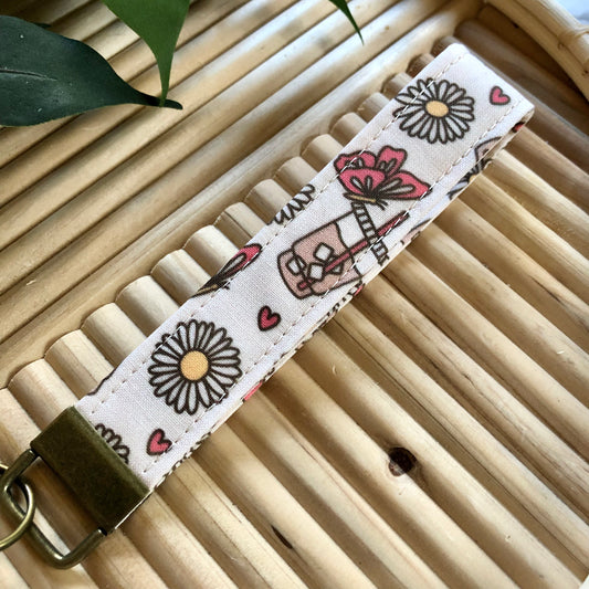 Daisies & Iced Coffee Print Fabric Keychain, Key Fob