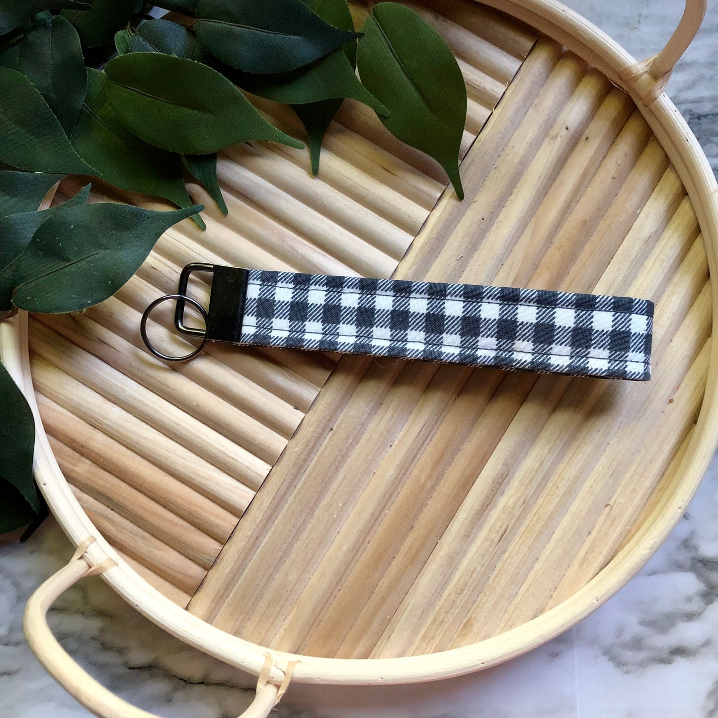 Charcoal and White Gingham Print Fabric Wristlet Keychain, Key Fob