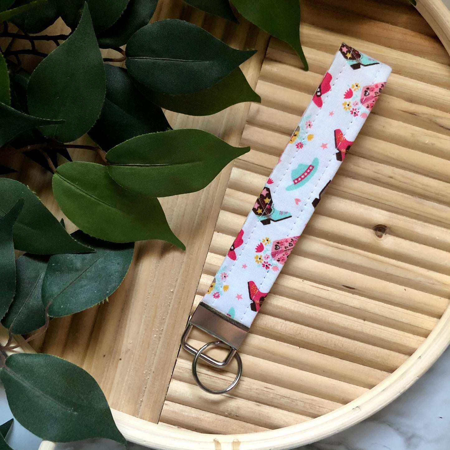 Floral Cowgirl Print Fabric Wristlet Keychain, Key Fob