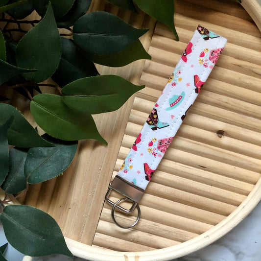 Floral Cowgirl Print Fabric Wristlet Keychain, Key Fob