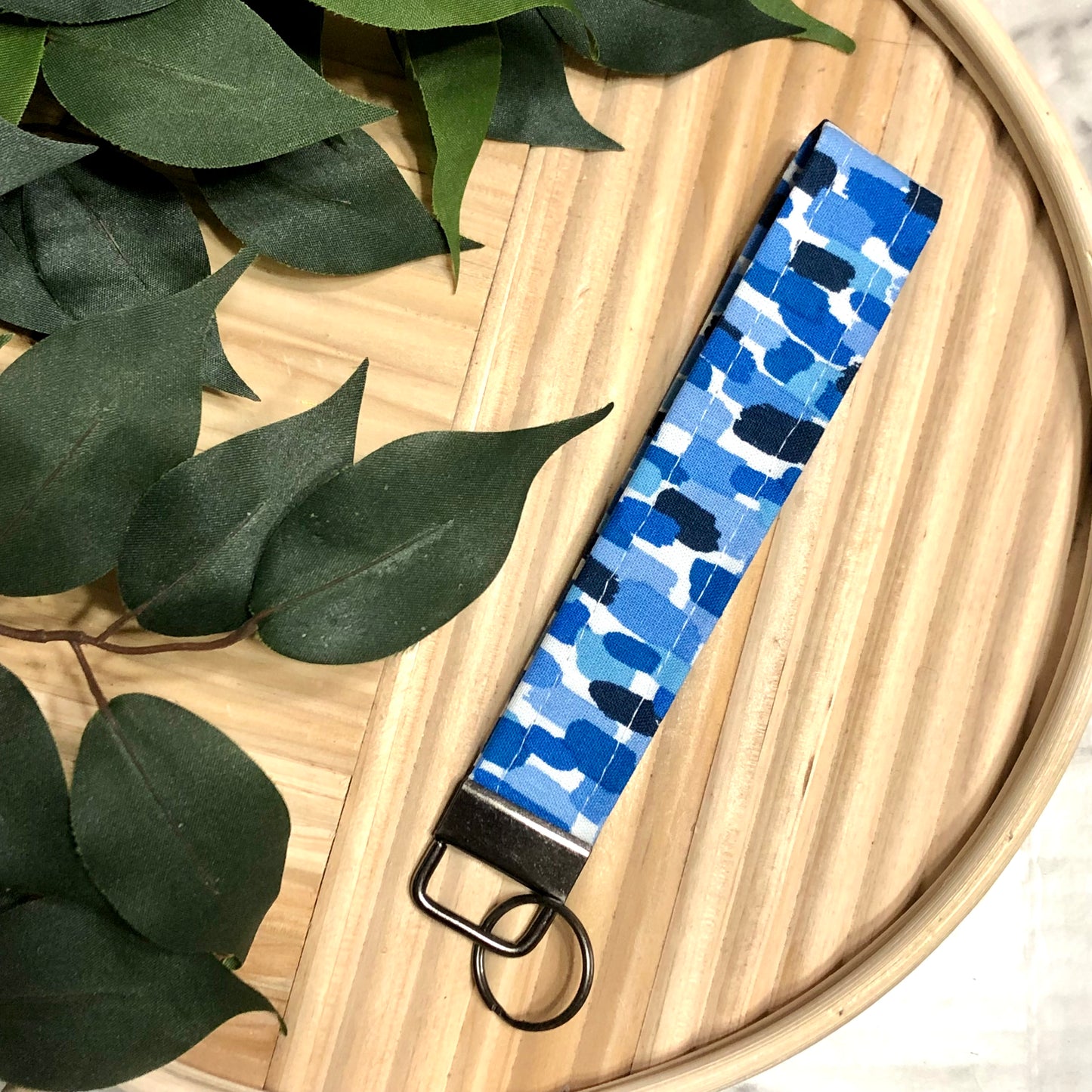 Blue Swatches Print Fabric Wristlet Keychain, Key Fob