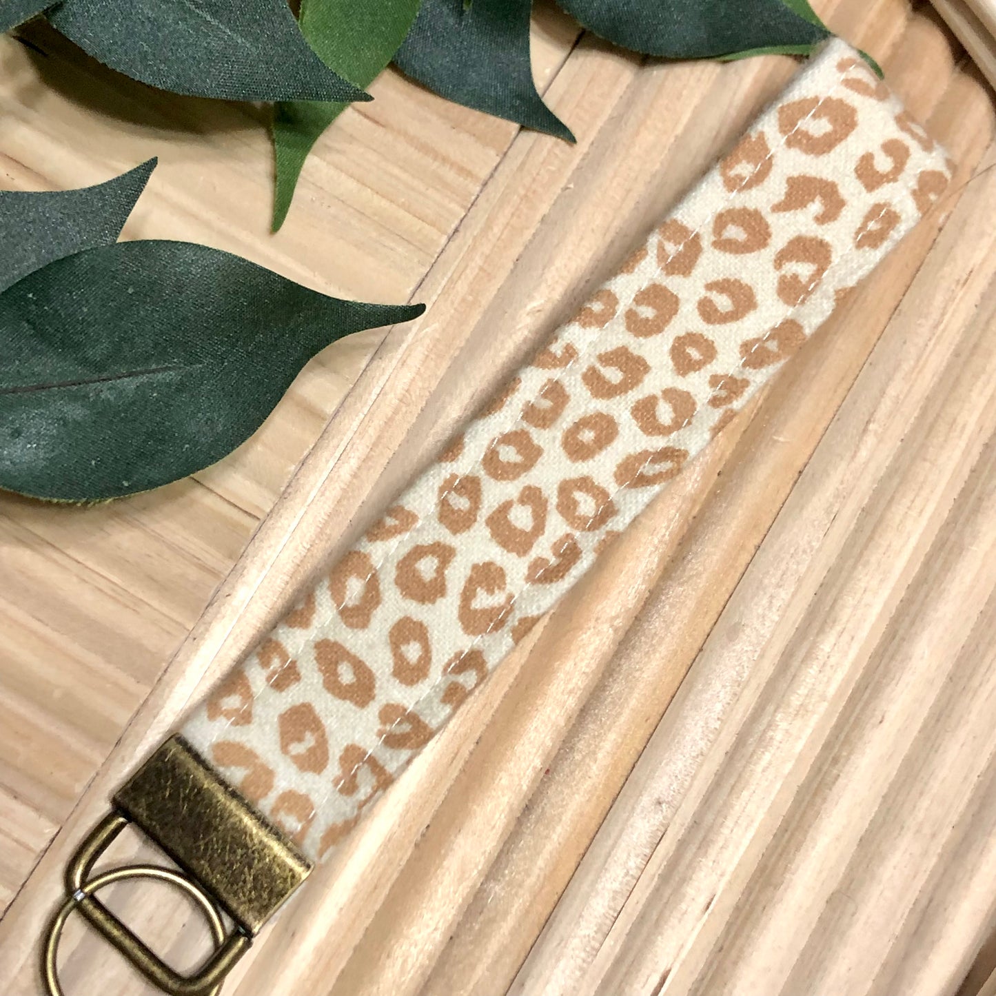 Caramel Leopard Print Flannel Fabric Wristlet Keychain, Key Fob