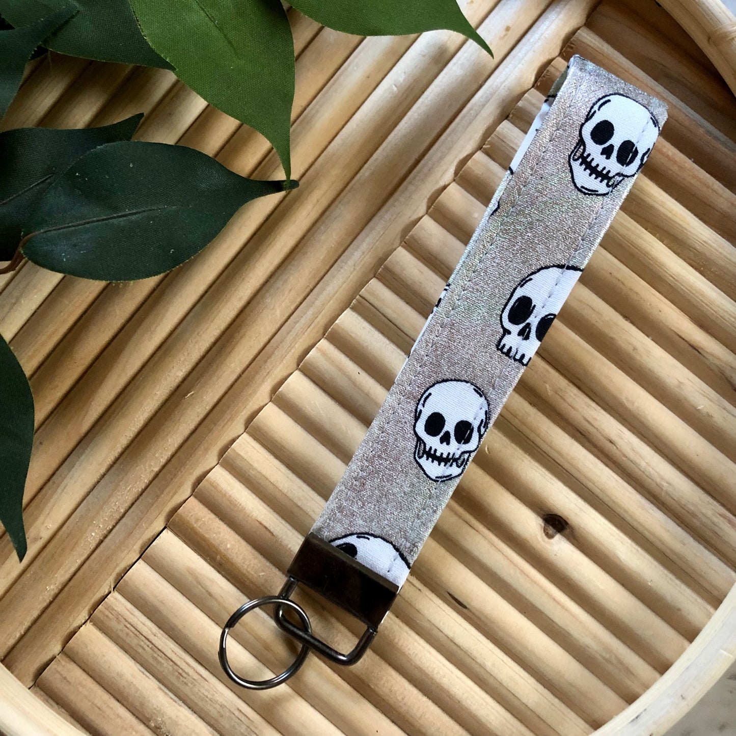 Iridescent Skull Print Fabric Keychain, Key Fob