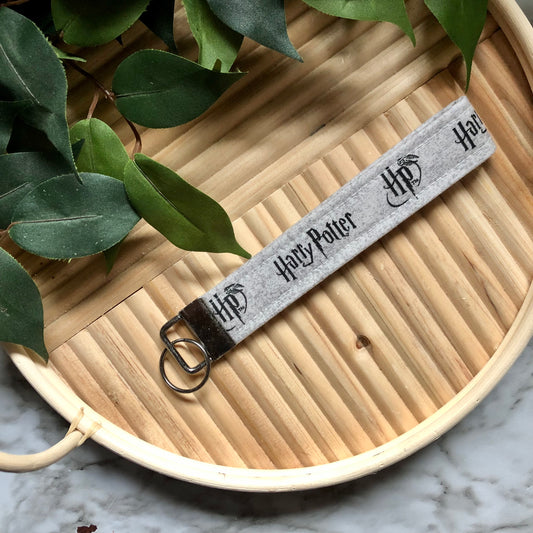 Grey Harry Potter Name Print Fabric Wristlet Keychain, Key Fob