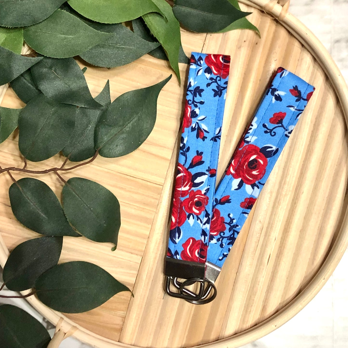 Patriotic Floral Print Fabric Wristlet Keychain, Key Fob