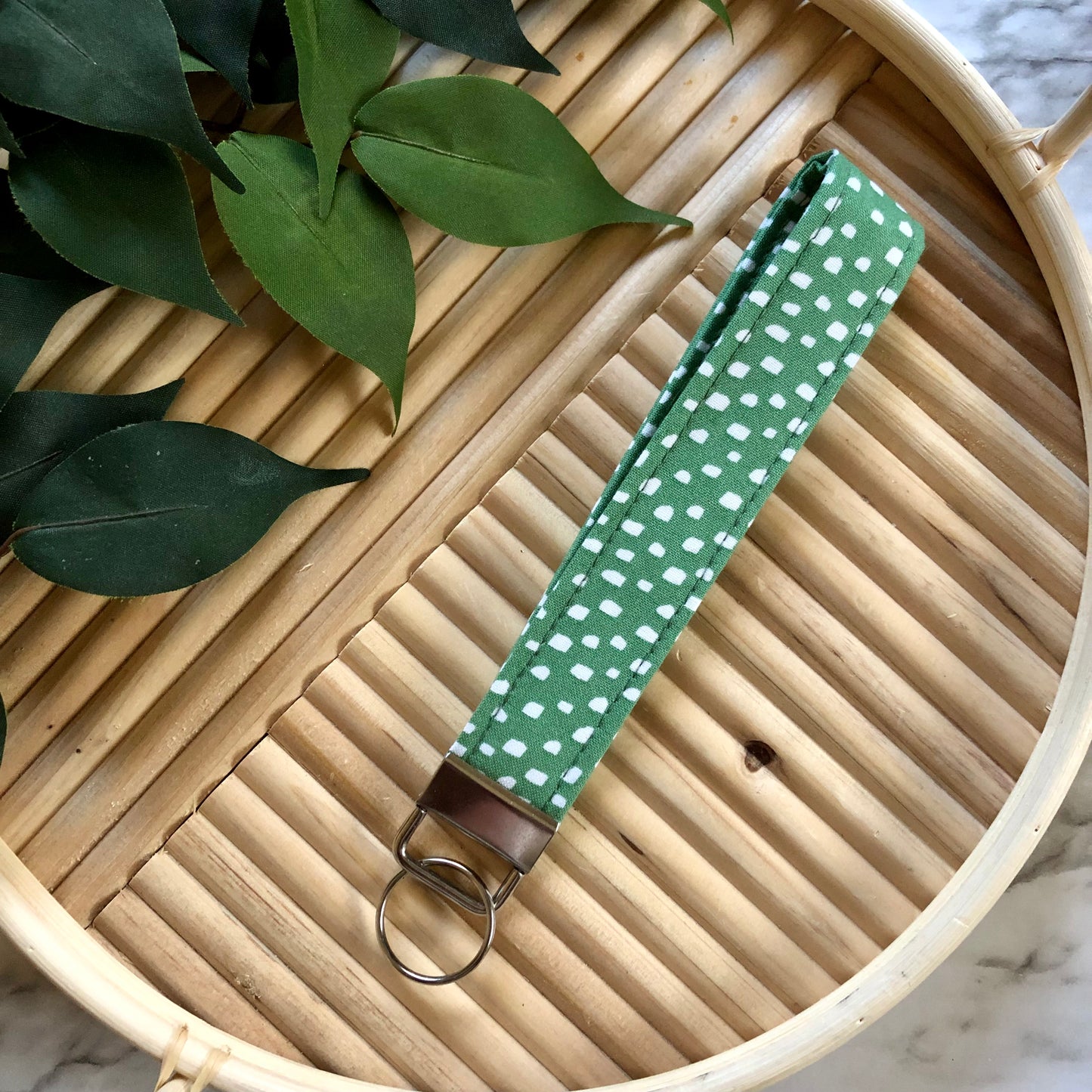 Christmas Green Dot Print Fabric Keychain, Key Fob