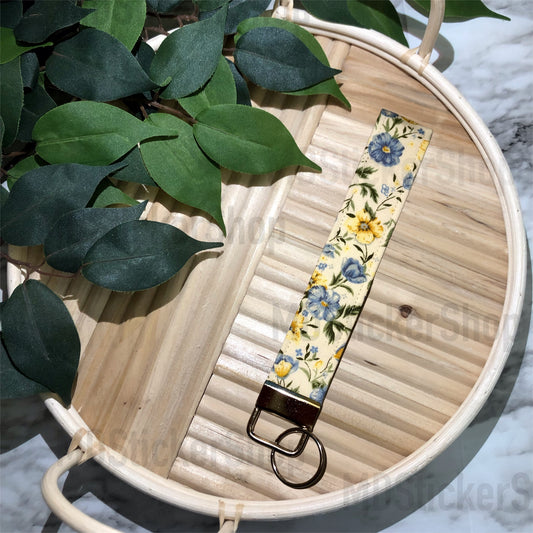 Golden Vintage Floral Print Fabric Keychain, Key Fob