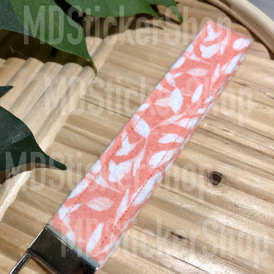 Pink and White Vine Print Fabric Keychain, Key Fob