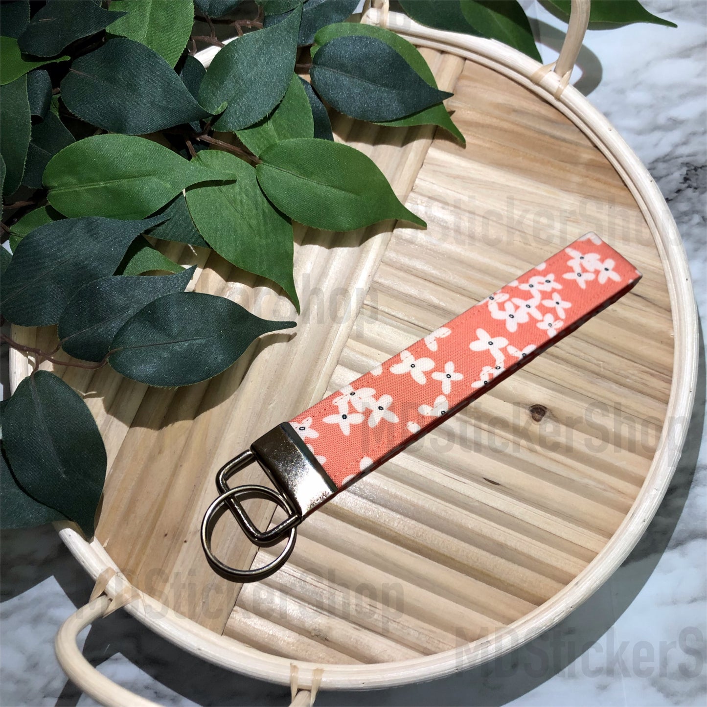 Peach Forget Me Not Print Fabric Keychain, Key Fob