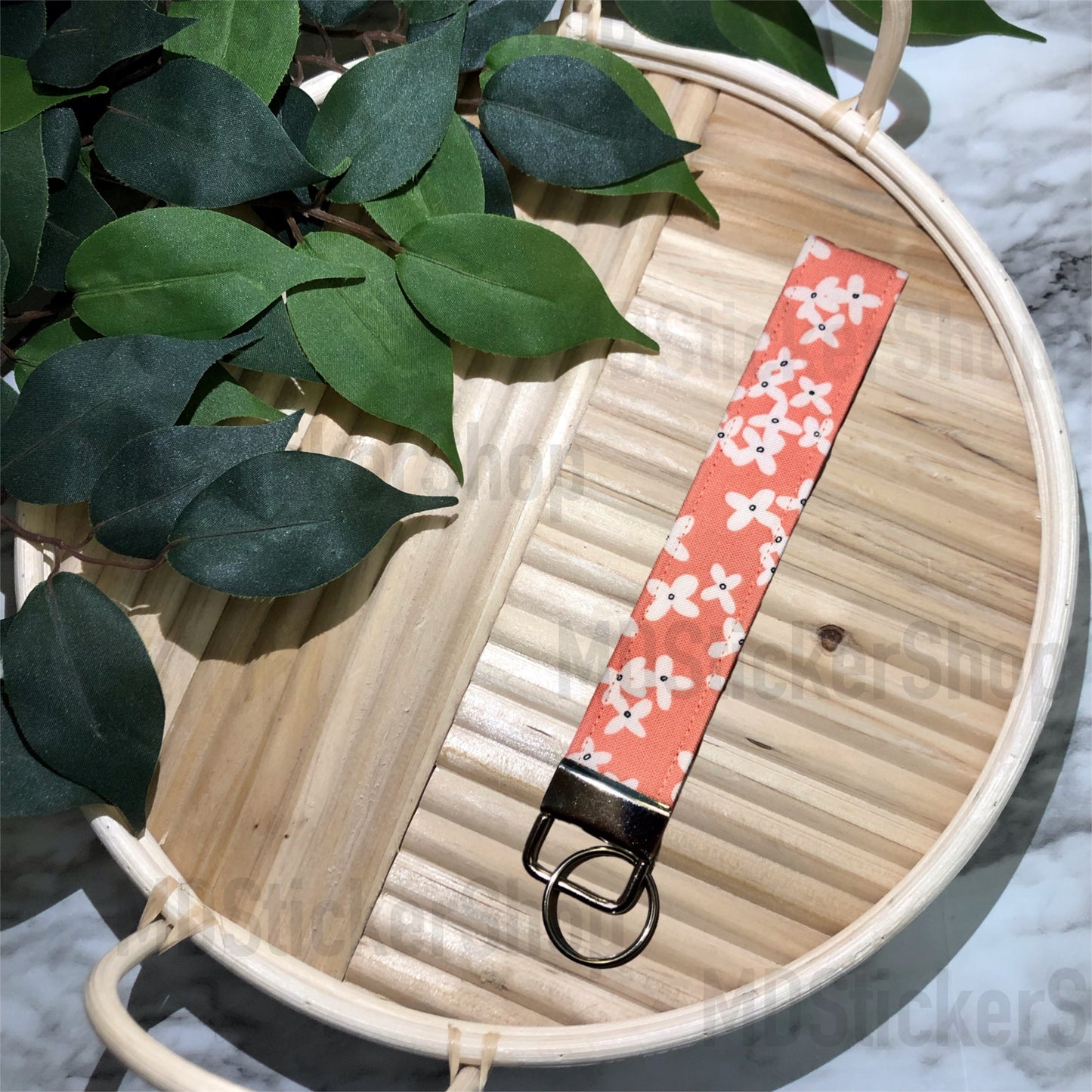 Peach Forget Me Not Print Fabric Keychain, Key Fob