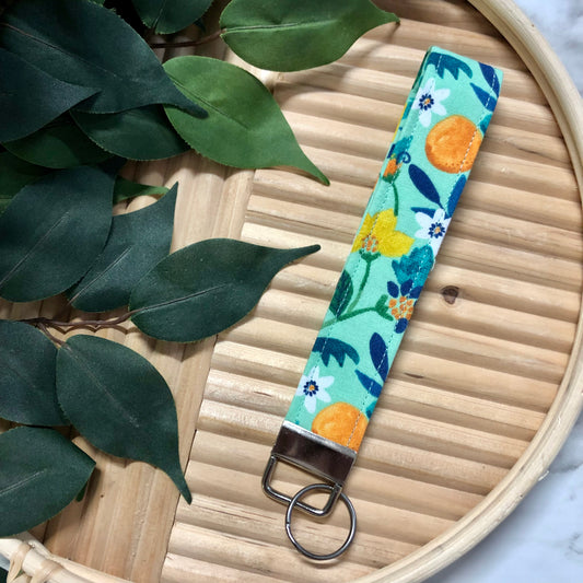 Oranges on Teal Print Fabric Keychain, Key Fob